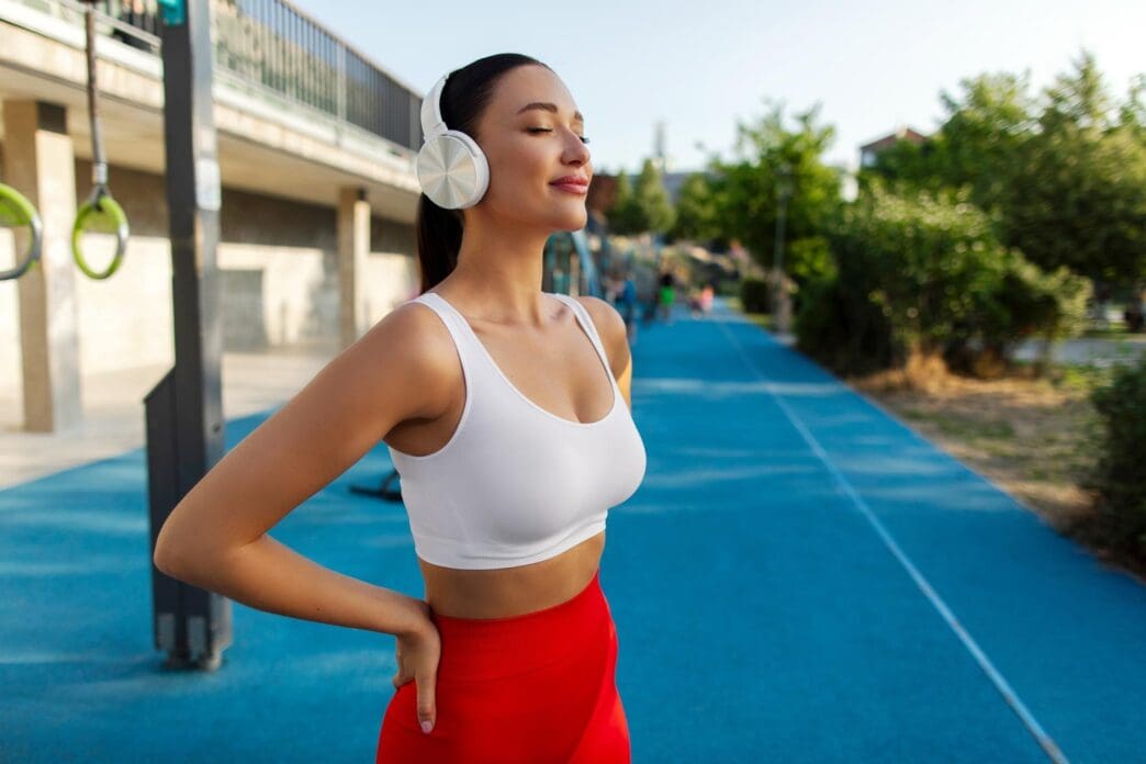 Young woman in headphones stands outdoors with eyes closed, appearing calm and taking a break.