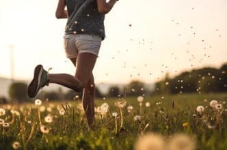 A young woman runs through a field of yellow dandelions.
