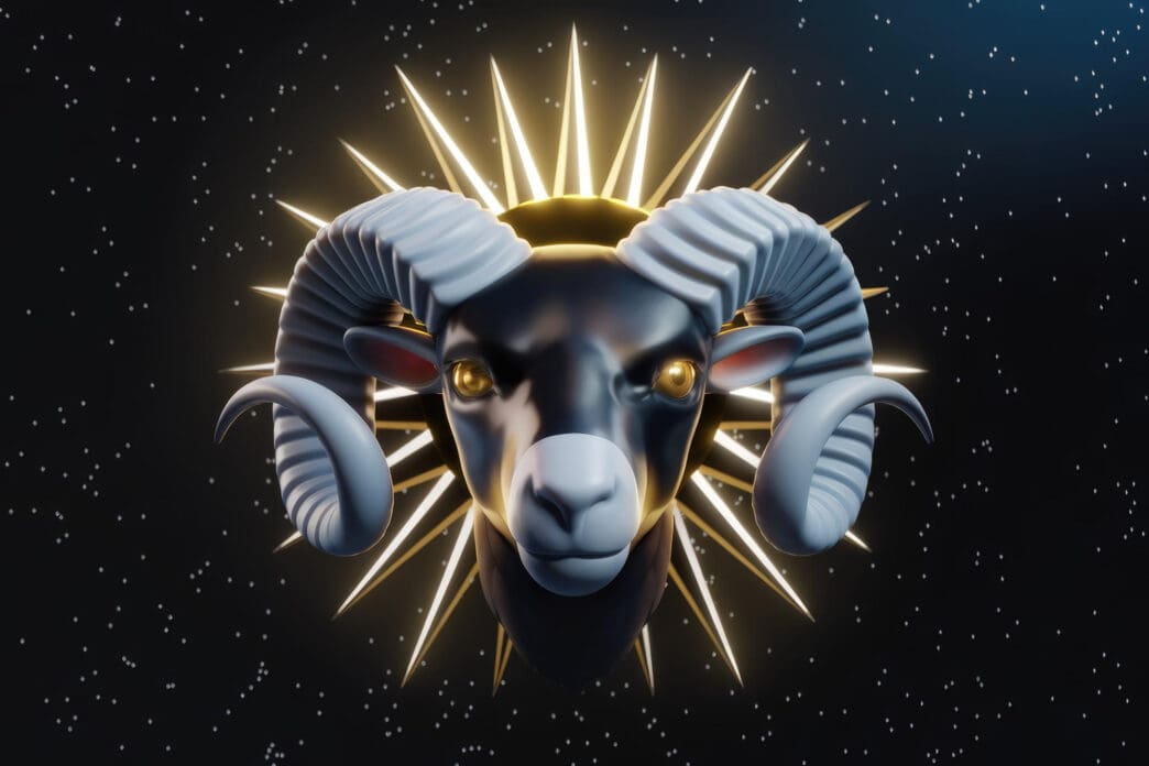 A three-dimensional render of a ram's head with large, pale blue horns and glowing yellow eyes, backed by a starburst halo