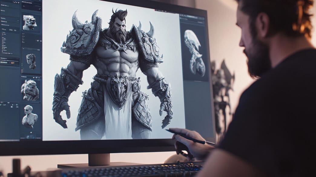 Digital artist sculpting a detailed, muscular character model in armor on a large computer screen using a stylus.