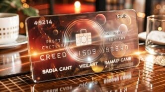 A 3D holographic credit card design with modern payment icons on a glossy surface.