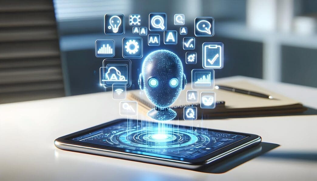 A tablet displays holographic icons related to AI, QA, and quality control, visualized with a camera slide movement.