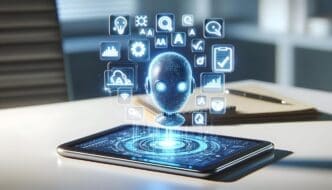 A tablet displays holographic icons related to AI, QA, and quality control, visualized with a camera slide movement.