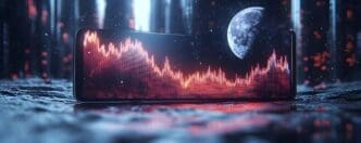 3D illustration of a smartphone displaying a glowing financial chart under a full moon.