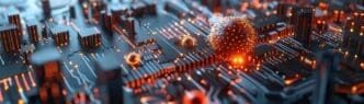 A 3D render depicts a circuit board city with a central AI brain, symbolizing the interconnectedness of technology, and an executive making decisions.