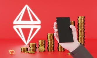 3D rendering of a hand using a smartphone to trade Ethereum, a digital cryptocurrency.