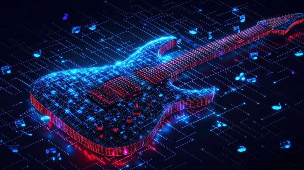 3D render of an electric guitar glowing with a blue digital circuit pattern, floating over a network of musical notes.