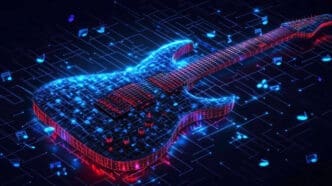 3D render of an electric guitar glowing with a blue digital circuit pattern, floating over a network of musical notes.