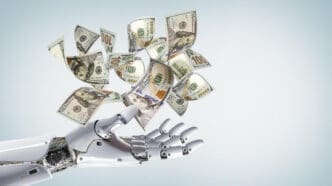White robotic hand with detailed joints catching or generating a cluster of floating US one-hundred dollar bills.