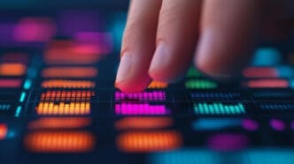 Extreme close-up of a finger touching a glowing, colorful digital audio equalizer display, with magenta and orange bars highlighted.