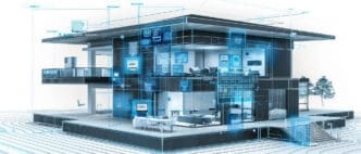 Architectural rendering of a modern two-story house overlaid with blue glowing digital interfaces, data, and network connections.