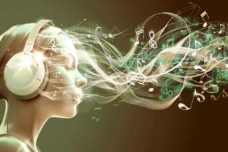 Profile of a woman wearing headphones, with glowing, ethereal musical notes and light streams flowing from her head, symbolizing creation.