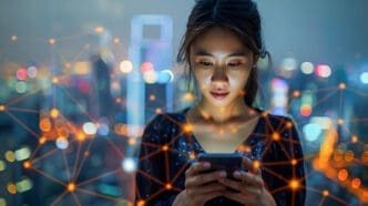 Woman intensely views a smartphone against a blurred cityscape background overlaid with a glowing orange network graphic.