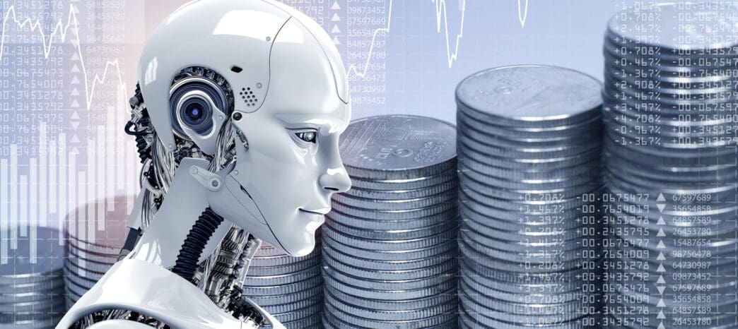 A robot head looks at stacks of coins with financial data in the background.