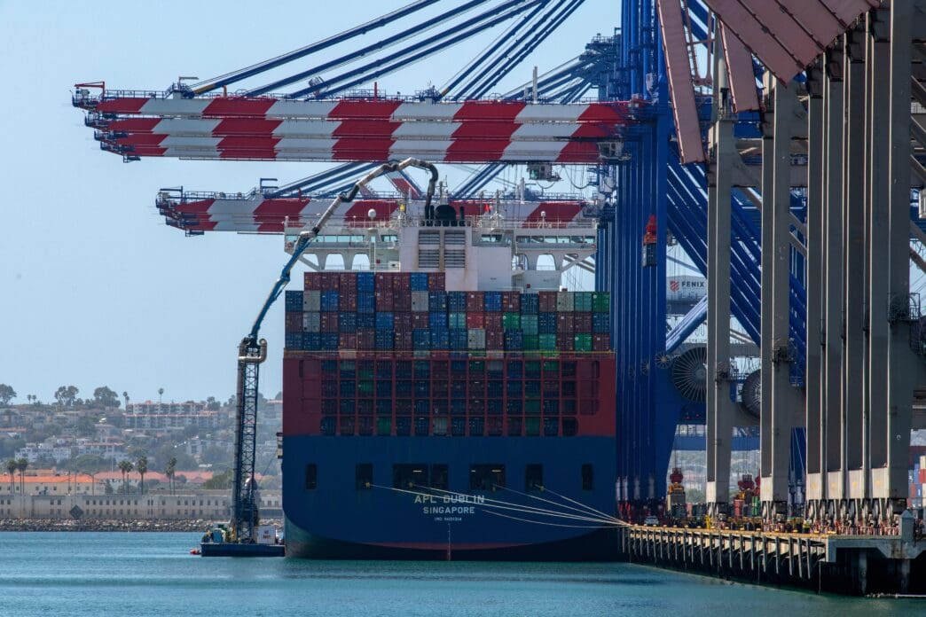 The APL Dublin container ship being loaded by gantry cranes at the Port of Los Angeles.
