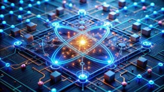 Detailed abstract visualization of a quantum processor, featuring glowing blue atomic orbits and interconnected circuit pathways with nodes.