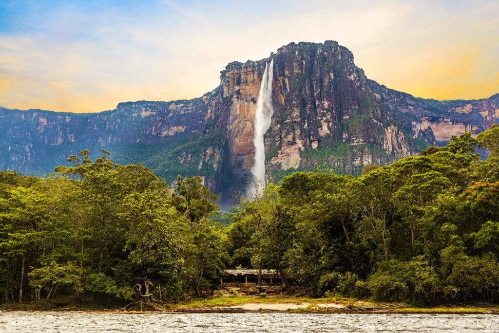 Angel Falls, the world's highest waterfall, plunges from a towering tepui into the dense jungle of Venezuela.