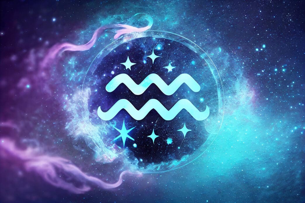 The Aquarius zodiac symbol, two wavy lines, is depicted within a glowing blue circle against a vibrant, starry nebula.