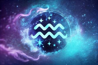 The Aquarius zodiac symbol, two wavy lines, is depicted within a glowing blue circle against a vibrant, starry nebula.