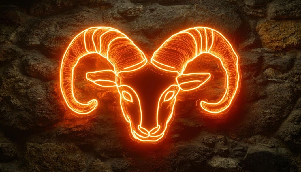 An intense orange-red neon sign illustrating the head of a ram, set against a rough, dark stone wall.