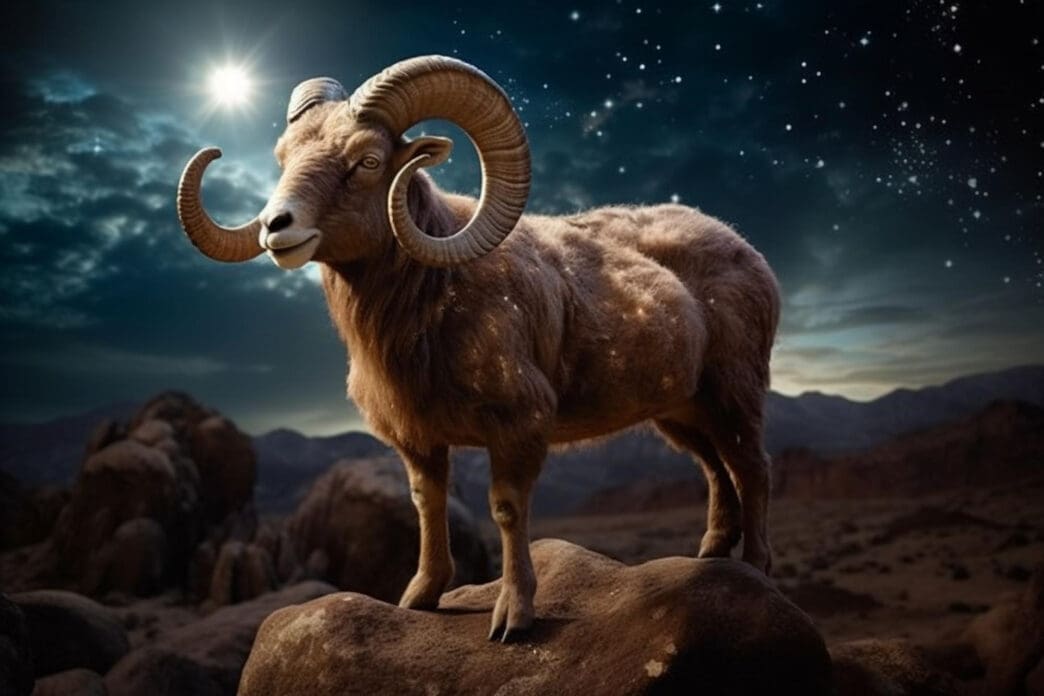 A majestic brown ram with large, curving horns standing on a rocky outcrop under a starry, cosmic night sky