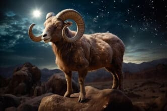 A majestic brown ram with large, curving horns standing on a rocky outcrop under a starry, cosmic night sky