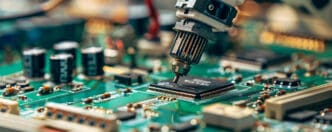 A robotic arm places a chip onto a green circuit board