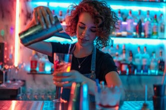 A female bartender pours a cocktail from a shaker into a glass in a neon-lit bar.