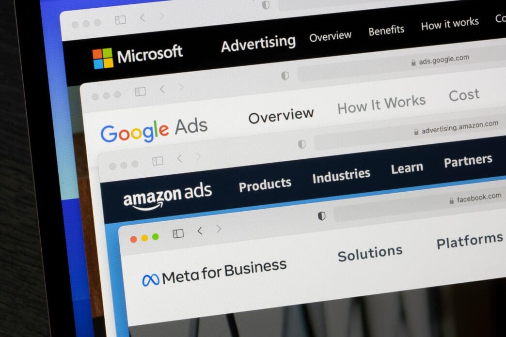 Browser tabs displaying the online advertising homepages for Microsoft, Google Ads, Amazon Ads, and Meta for Business.