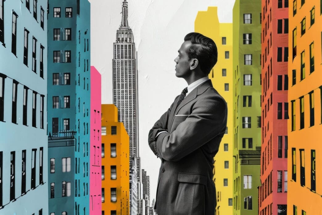 Black-and-white figure of a man in a suit standing with crossed arms, superimposed over a collage of brightly colored city buildings.