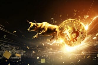 A golden bull charges forward, breaking through a giant Bitcoin coin with explosive energy