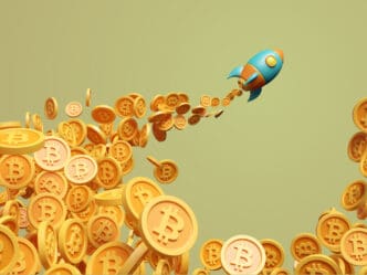 Bitcoin rocket soaring upwards amidst a cascade of gold coins