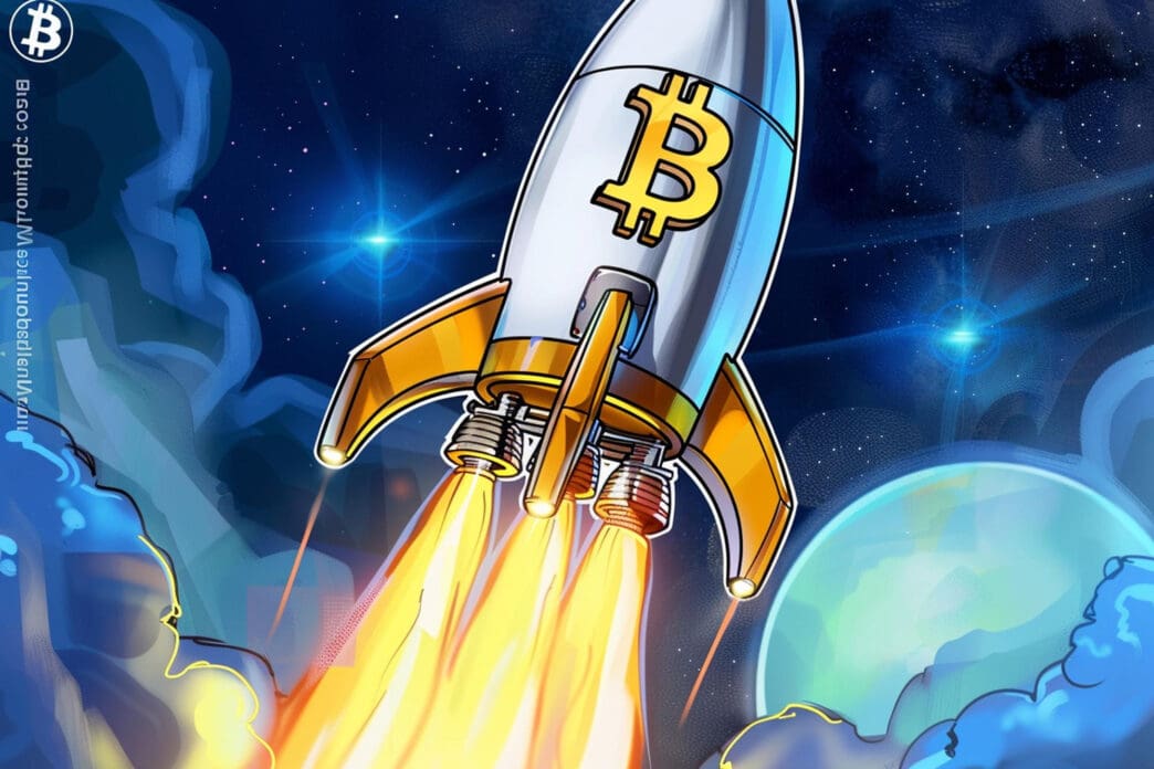 A rocket with a Bitcoin logo blasts off into space past a planet
