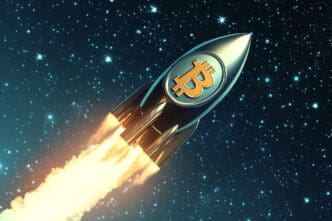A golden Bitcoin logo adorns a rocket ship blasting off through a starry night sky with fiery exhaust.