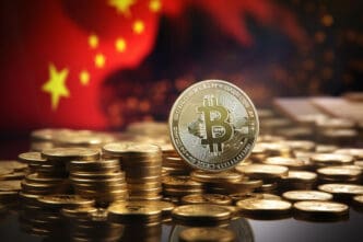 A physical Bitcoin coin rests on a pile of gold coins before a blurred Chinese flag.