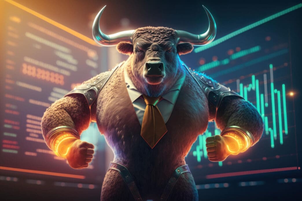 Muscular, armored bull in a suit and tie stands assertively before financial screens, symbolizing Bitcoin's strength.