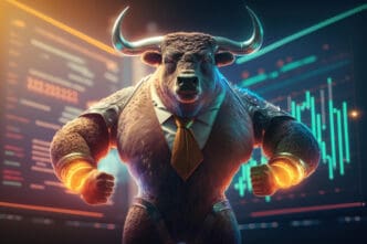 Muscular, armored bull in a suit and tie stands assertively before financial screens, symbolizing Bitcoin's strength.