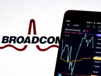 A smartphone shows the Broadcom Inc. stock chart in front of the Broadcom logo.