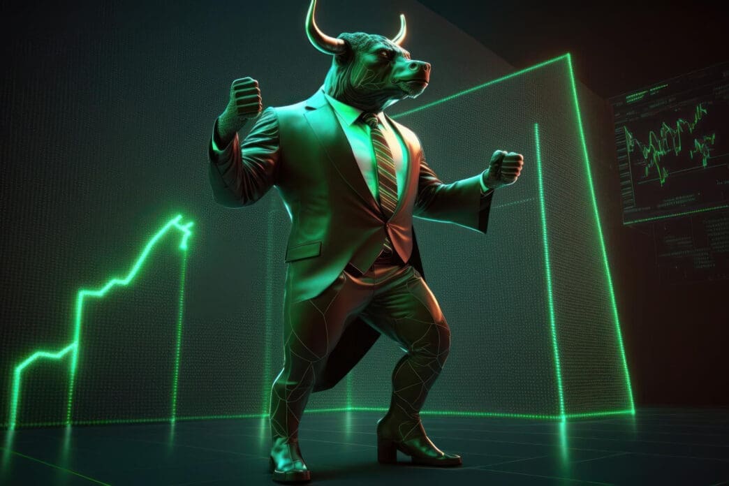 A stylized, anthropomorphic bull in a suit standing assertively against a background of glowing green financial charts.