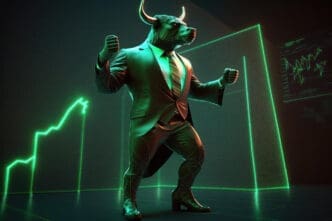 A stylized, anthropomorphic bull in a suit standing assertively against a background of glowing green financial charts.