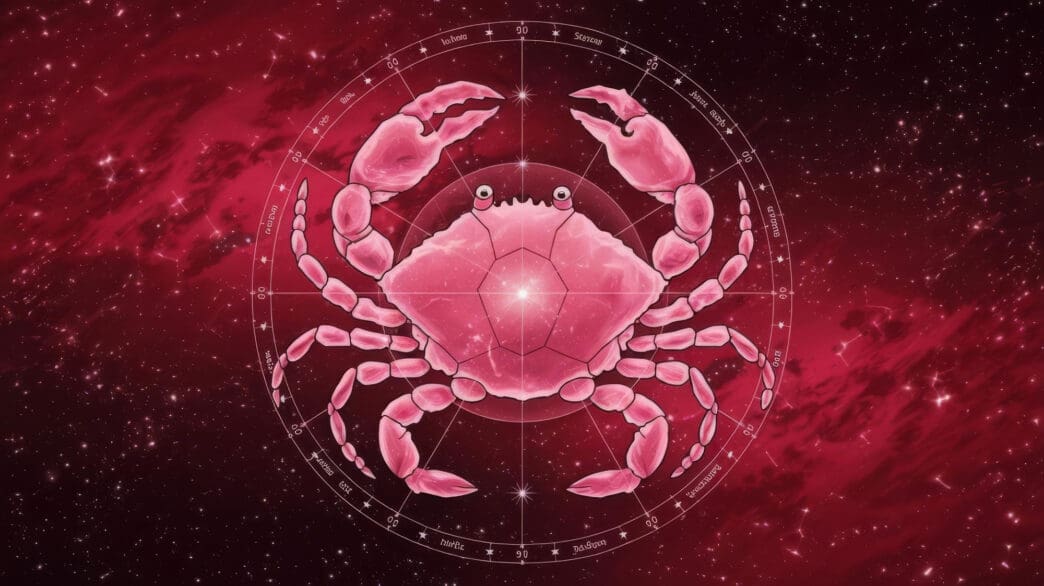 A stylized pink crab, the symbol for Cancer, within a celestial circle against a starry red background