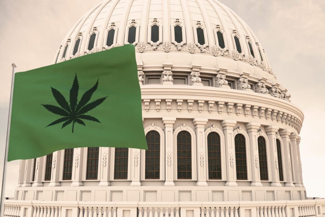 A green flag with a black cannabis leaf flying in front of the US Capitol dome.