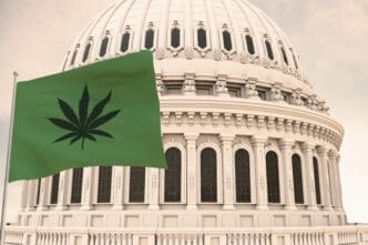 A green flag with a black cannabis leaf flying in front of the US Capitol dome.