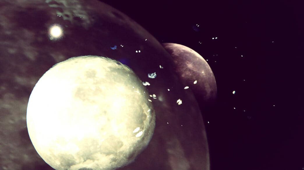 Two planets and a bright moon are seen in dark space with scattered lights