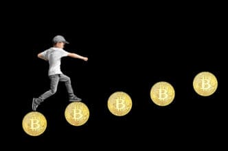 A young boy in a cap leaps across a rising path of five golden Bitcoin coins against a solid black background.
