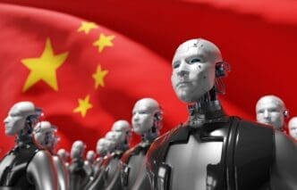 A group of sophisticated humanoid robots, with a Chinese flag waving prominently behind them, representing China's AI technology.