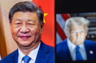 A sharp portrait of Xi Jinping is shown next to a smartphone screen displaying a blurred Donald Trump.