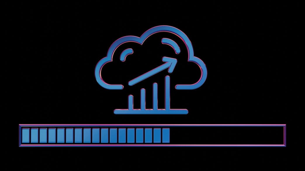 Glowing blue graphic icon showing a graph and upward arrow inside a cloud above a loading progress bar