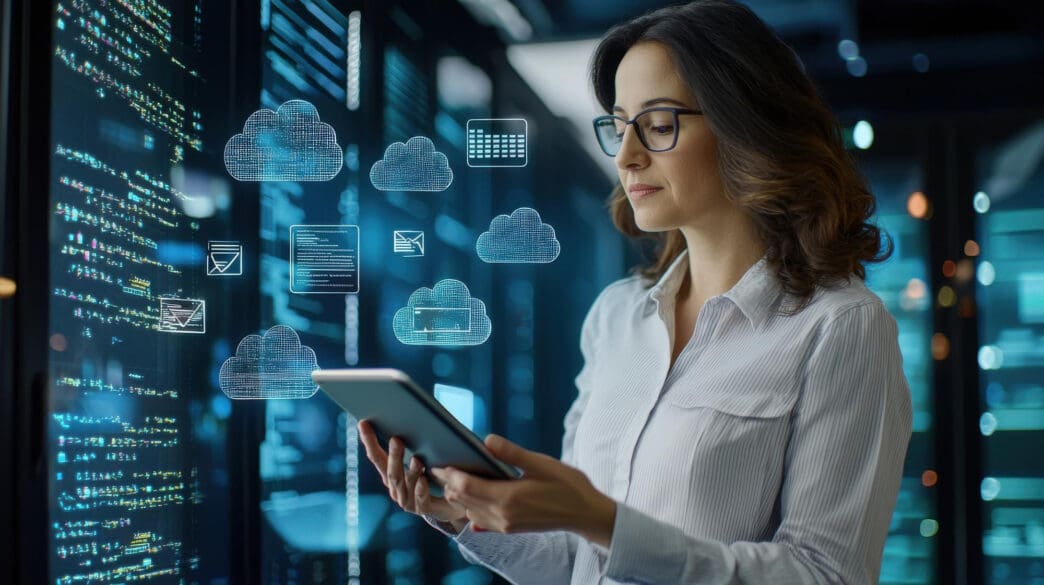 Woman in glasses uses tablet in server room with holographic cloud icons and code displays