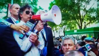 Colombian President Gustavo Petro speaks into a megaphone at a pro-Palestine protest in New York.